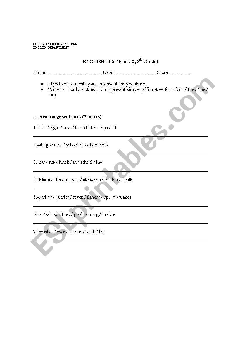 daily routines  worksheet