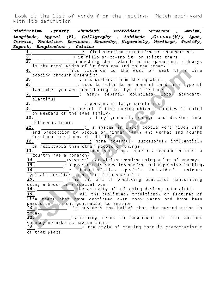 Vocabulary worksheet for brief intro China