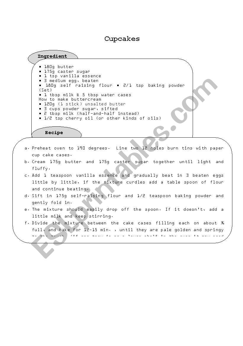 Cupcakes Recipe worksheet