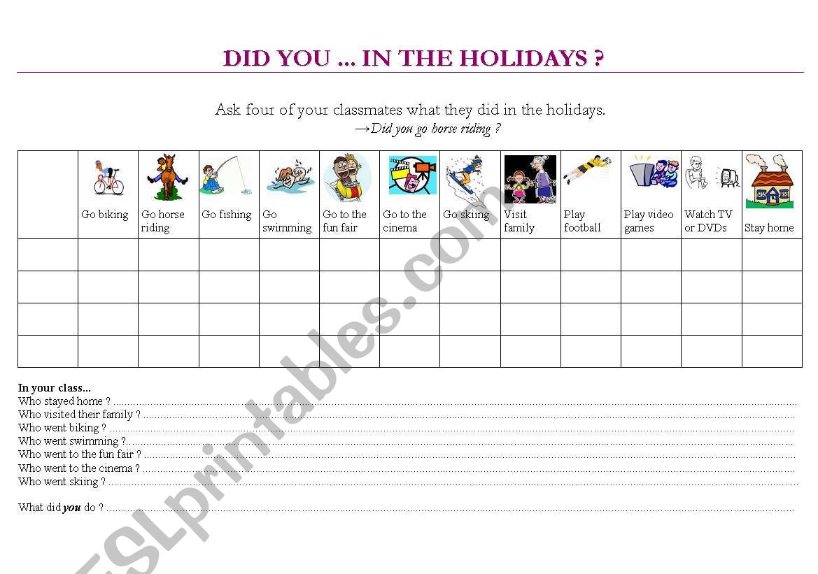 Did you... in the holidays? worksheet
