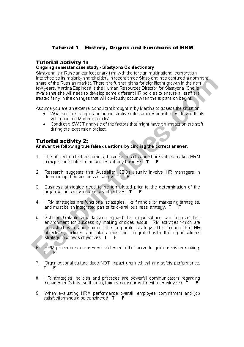 Human resouce management worksheet