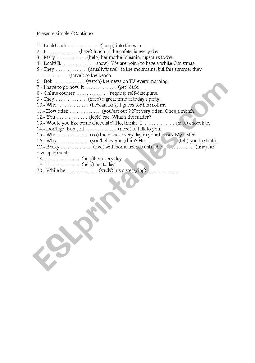 present simple and continuous worksheet