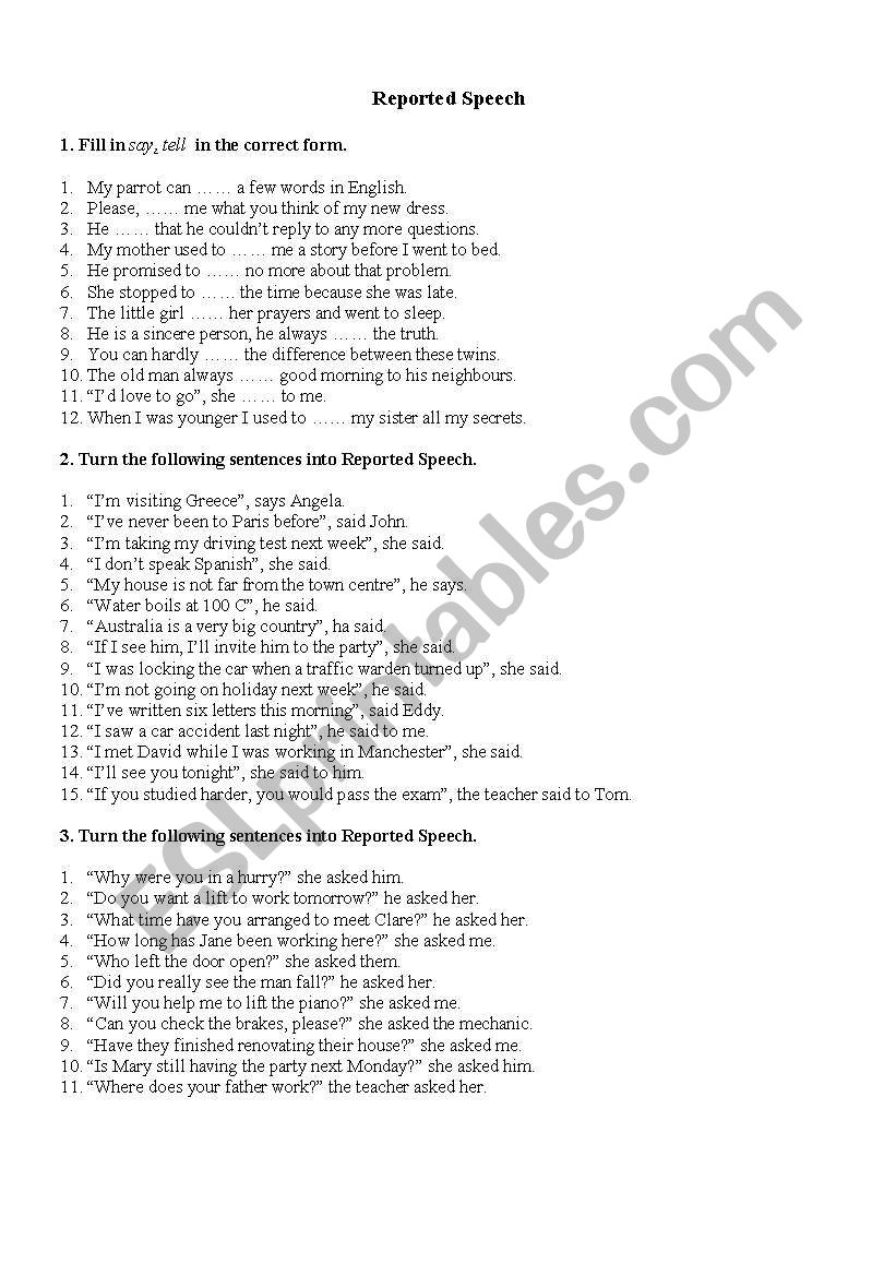 reported speech worksheet