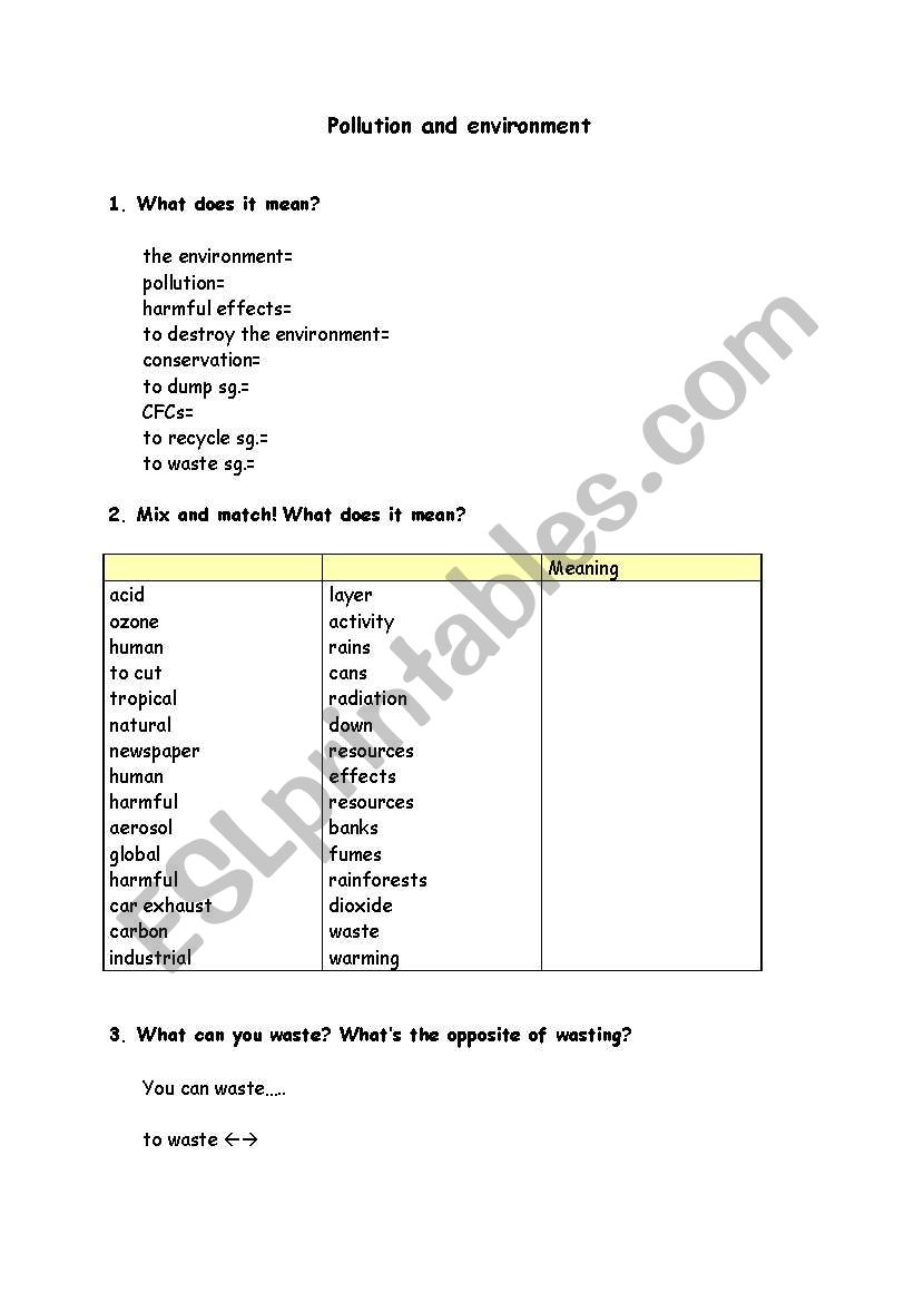 Pollution and environment worksheet