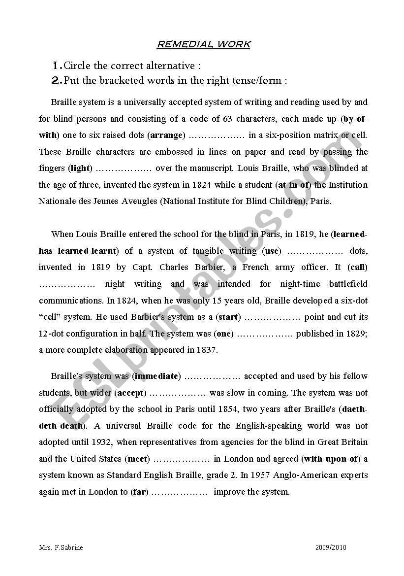 The Braille system worksheet