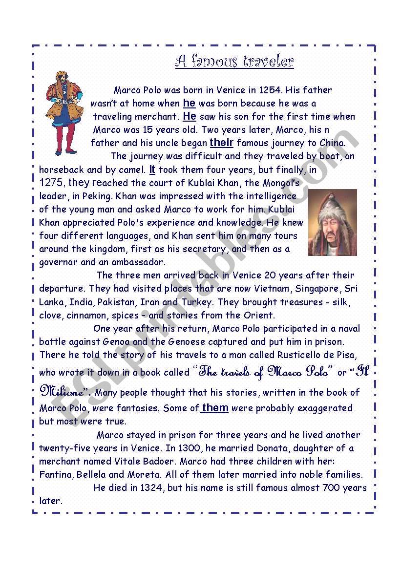 Marco Polo: a famous traveler worksheet