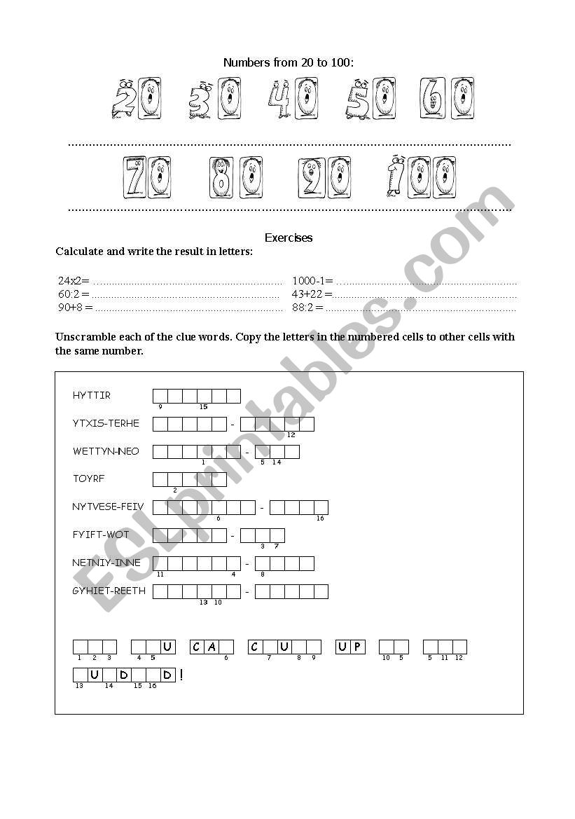 Numbers from 20 to 100 worksheet