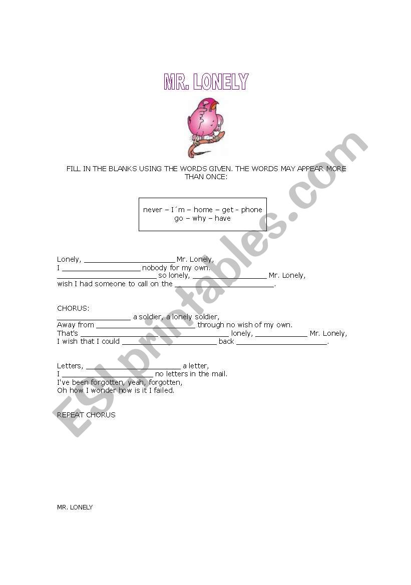 MR. LONELY worksheet