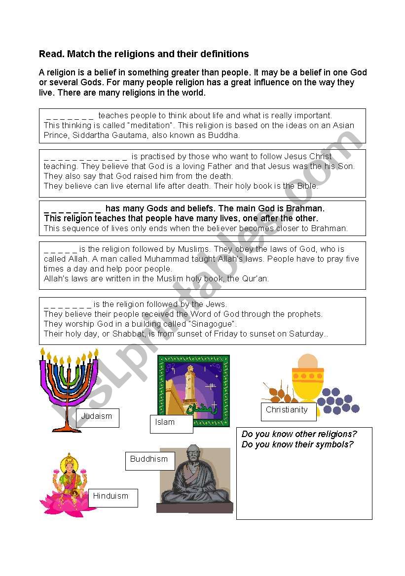 Match the religions and their definitions