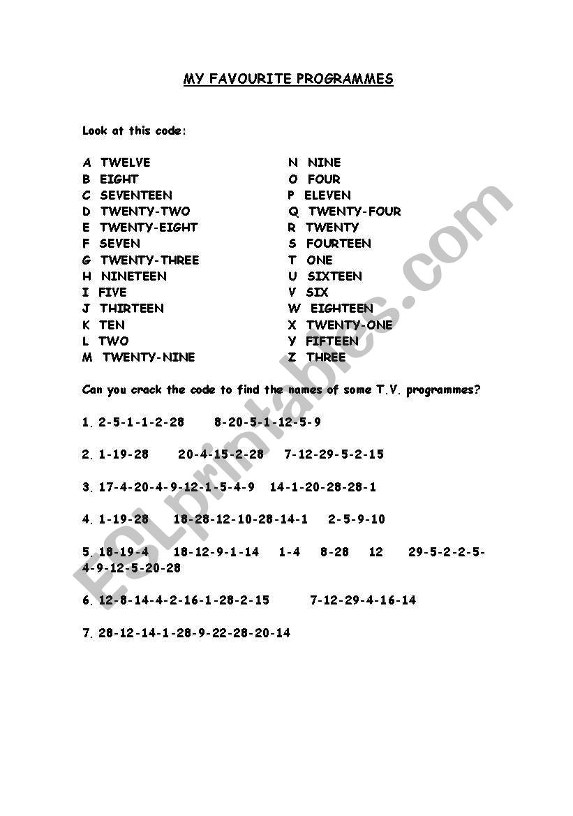 my favourite numbers worksheet