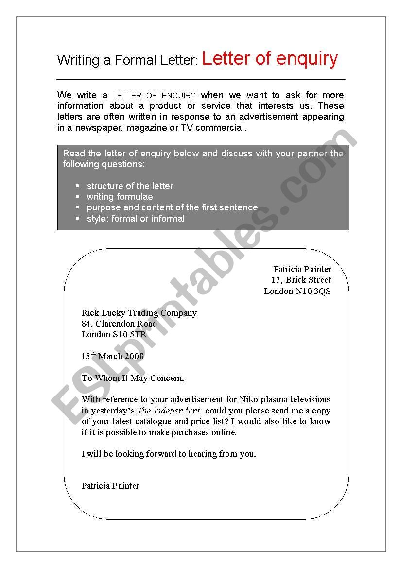 Letter of Enquiry I worksheet