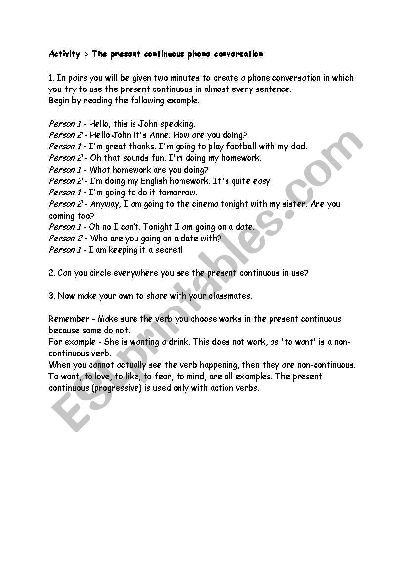 phone conversation worksheet