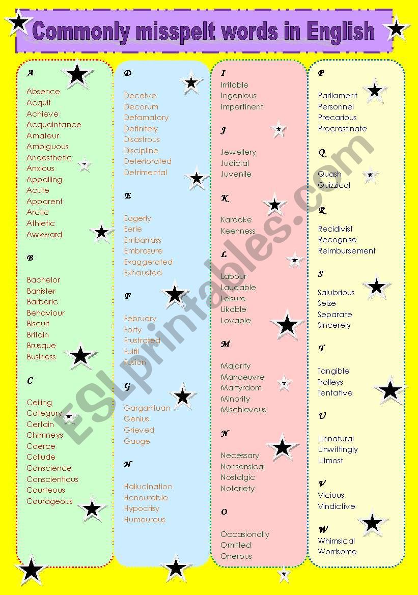 Commonly mis-spelled Englsih words - INTERMEDIATE