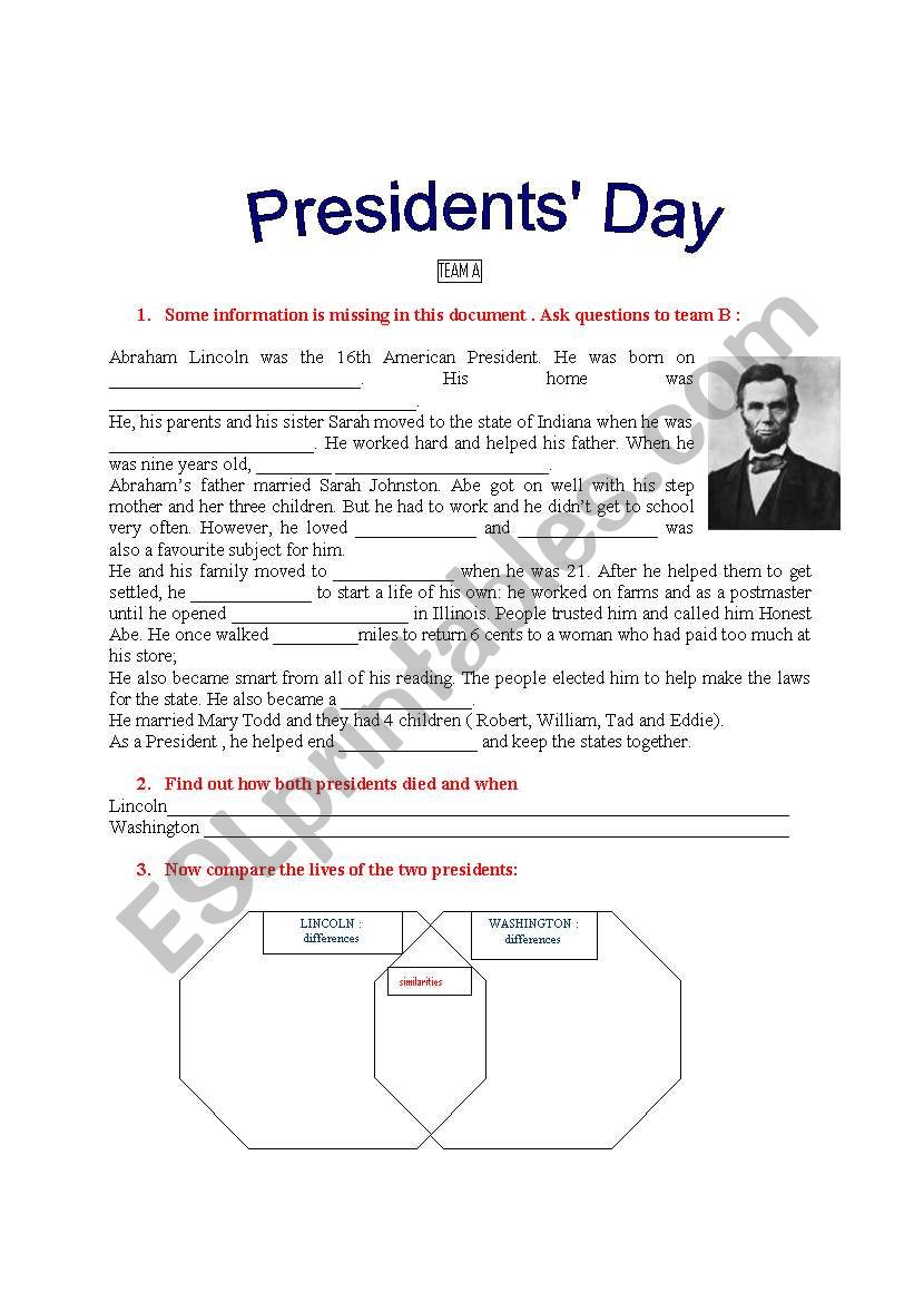 Presidents Day: information gap activity about the lives of Lincoln and Washington