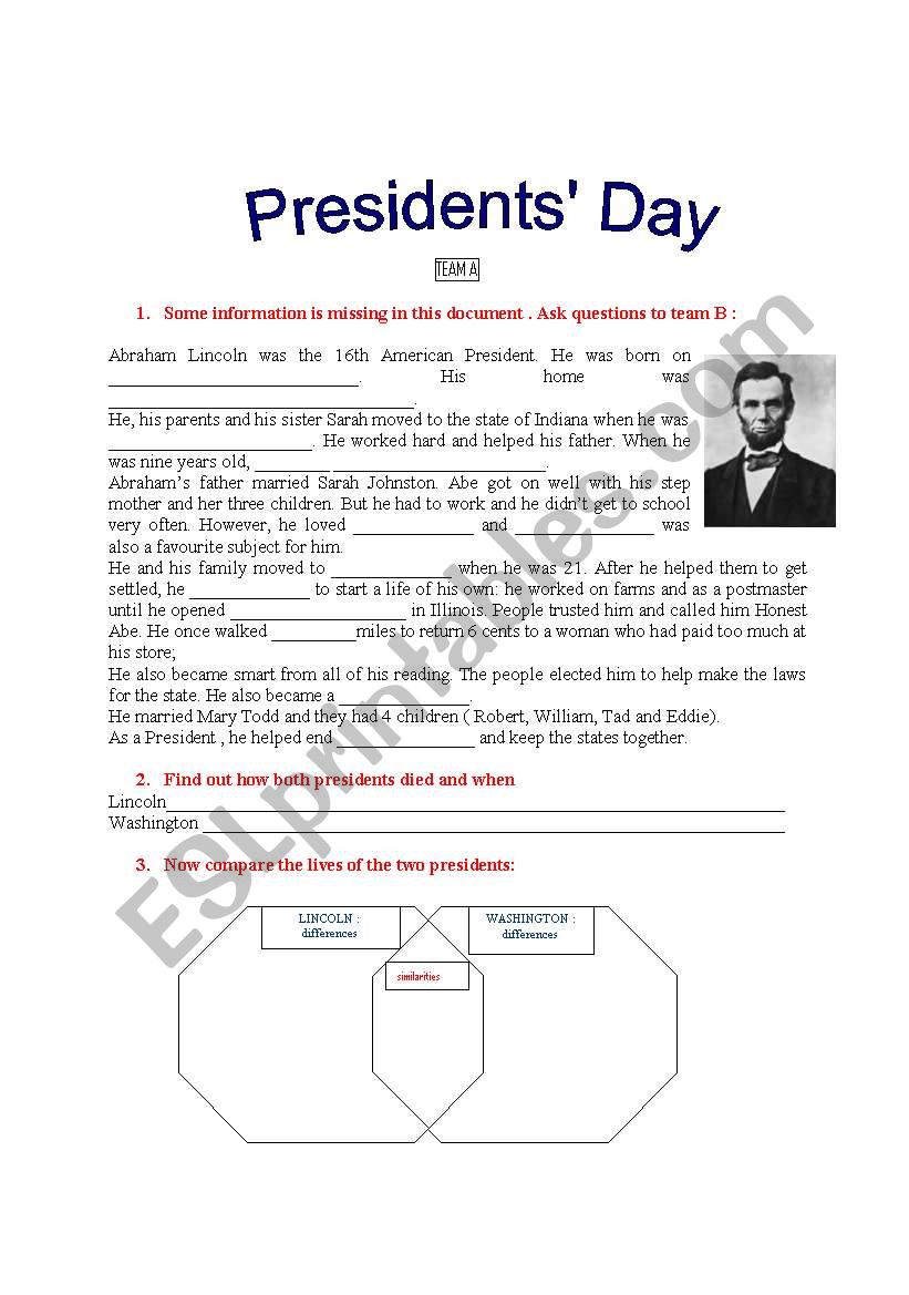 PresidentsÂ´ Day: information gap activity about the lives of Lincoln and Washington