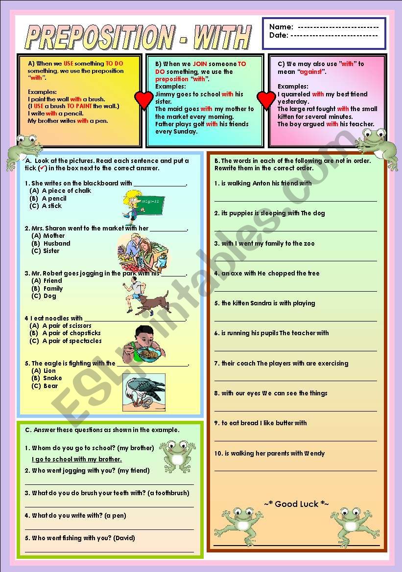 Preposition - with worksheet