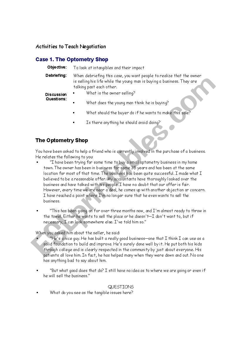 Activities on Negotiation worksheet