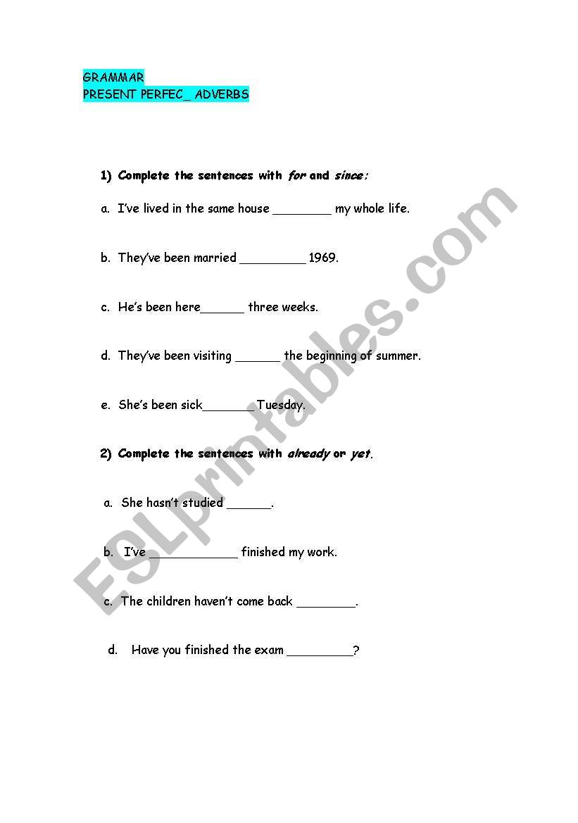 present perfect adverbs worksheet