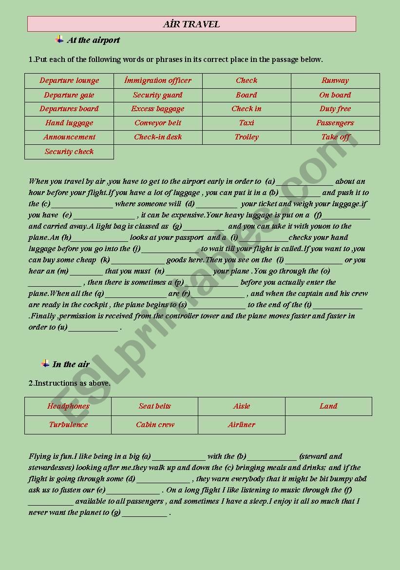 air travel worksheet