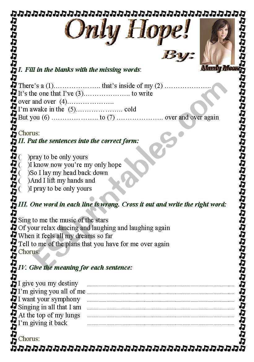 Only Hope - by Mandy Moore!!! worksheet