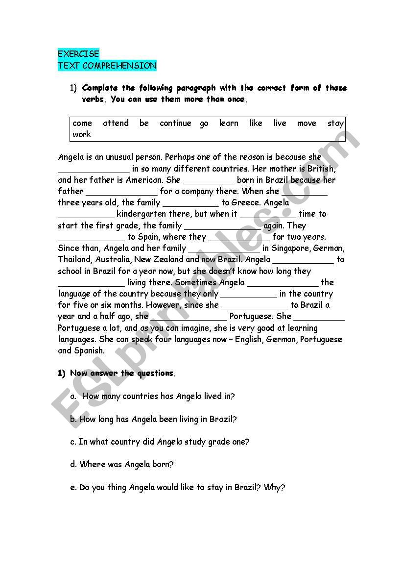 Text Comprehension worksheet