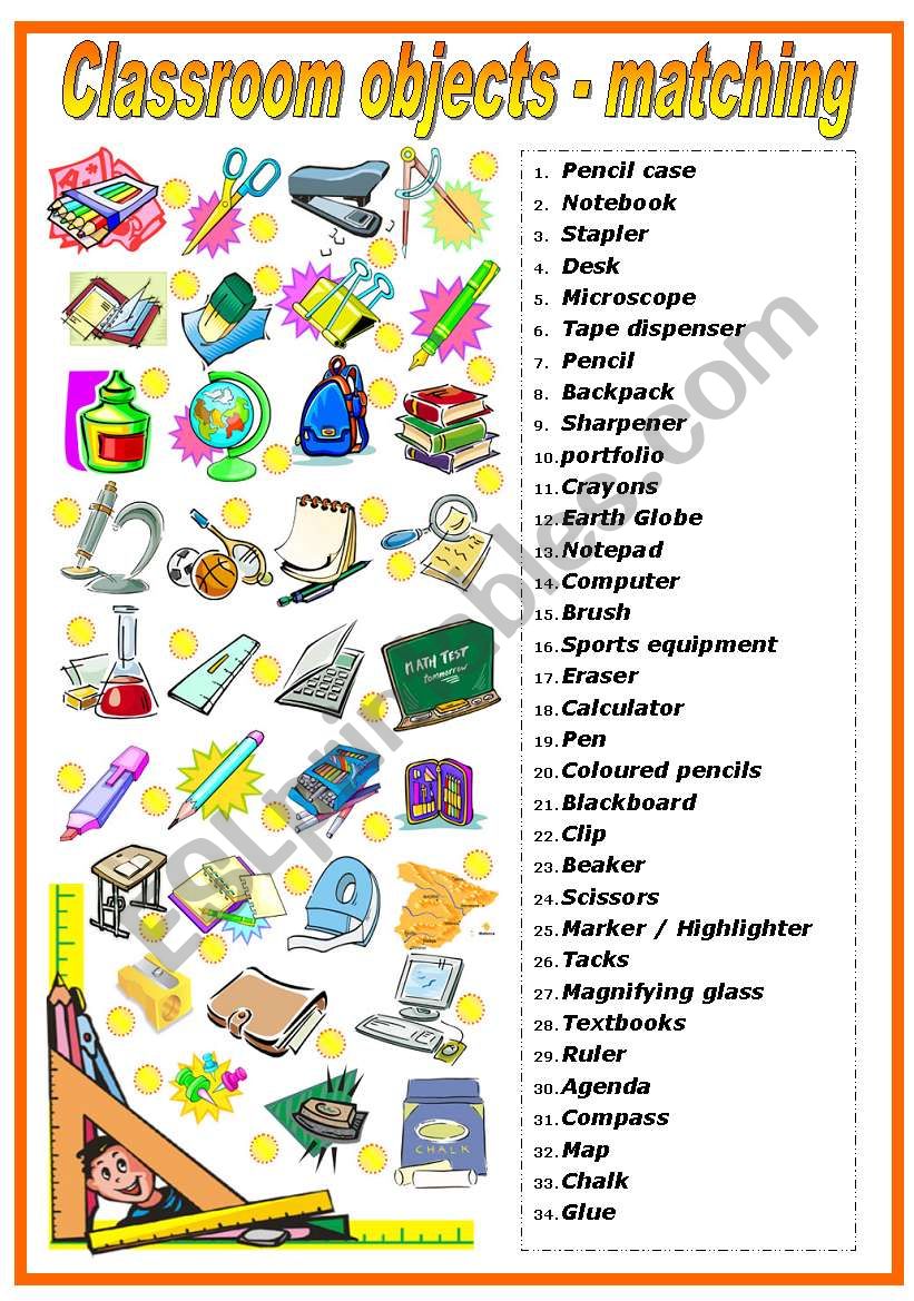 CLASSROOM OBJECTS - MATCHING EXERCISE (B&W VERSION INCLUDED)