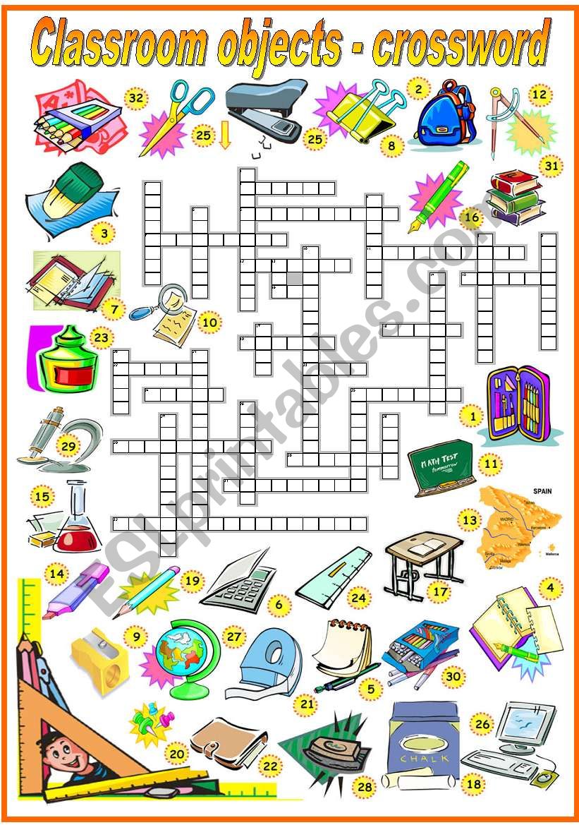 CLASSROOM OBJECTS - CROSSWORD (B&W VERSION INCLUDED) - ESL ...