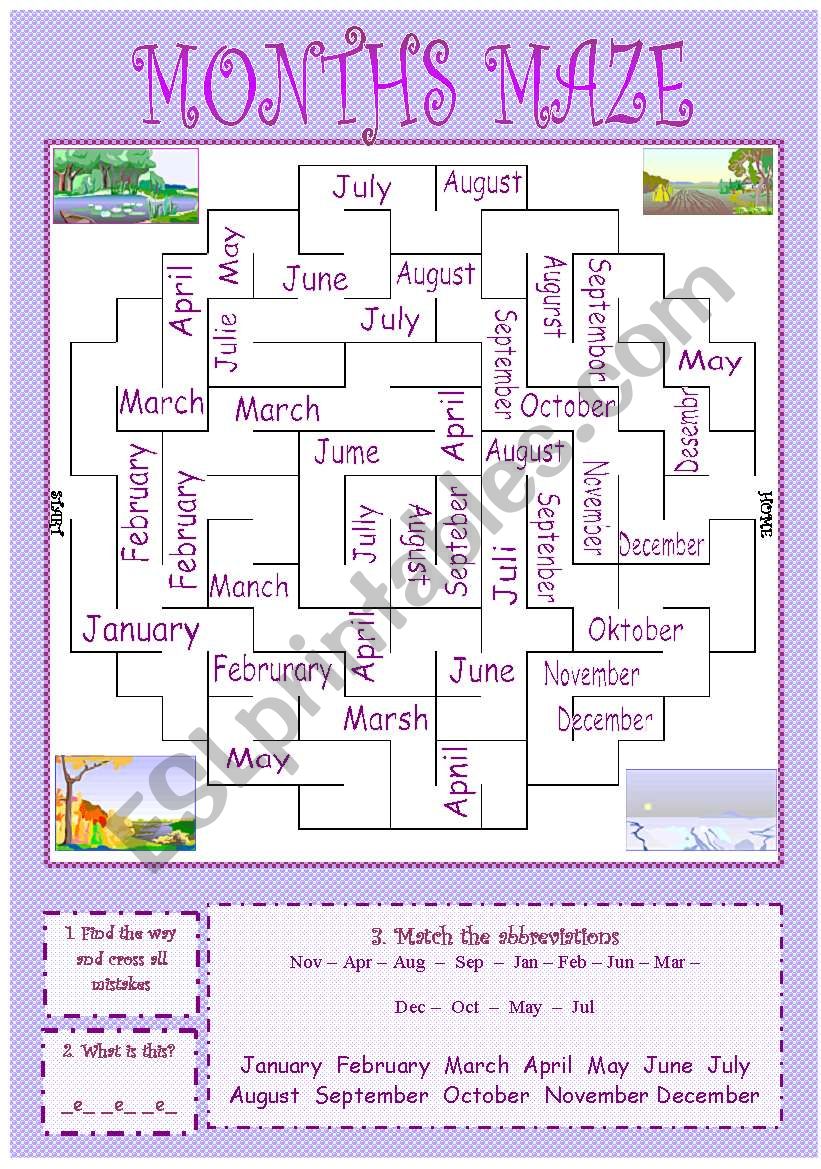 MAZE of MONTHS, 13 EXERCISES, quizz, bookmark, FCs, crossword, domino etc ((11_pages)) + KEY, PRINTER friendly, EDITABLE - A1 level