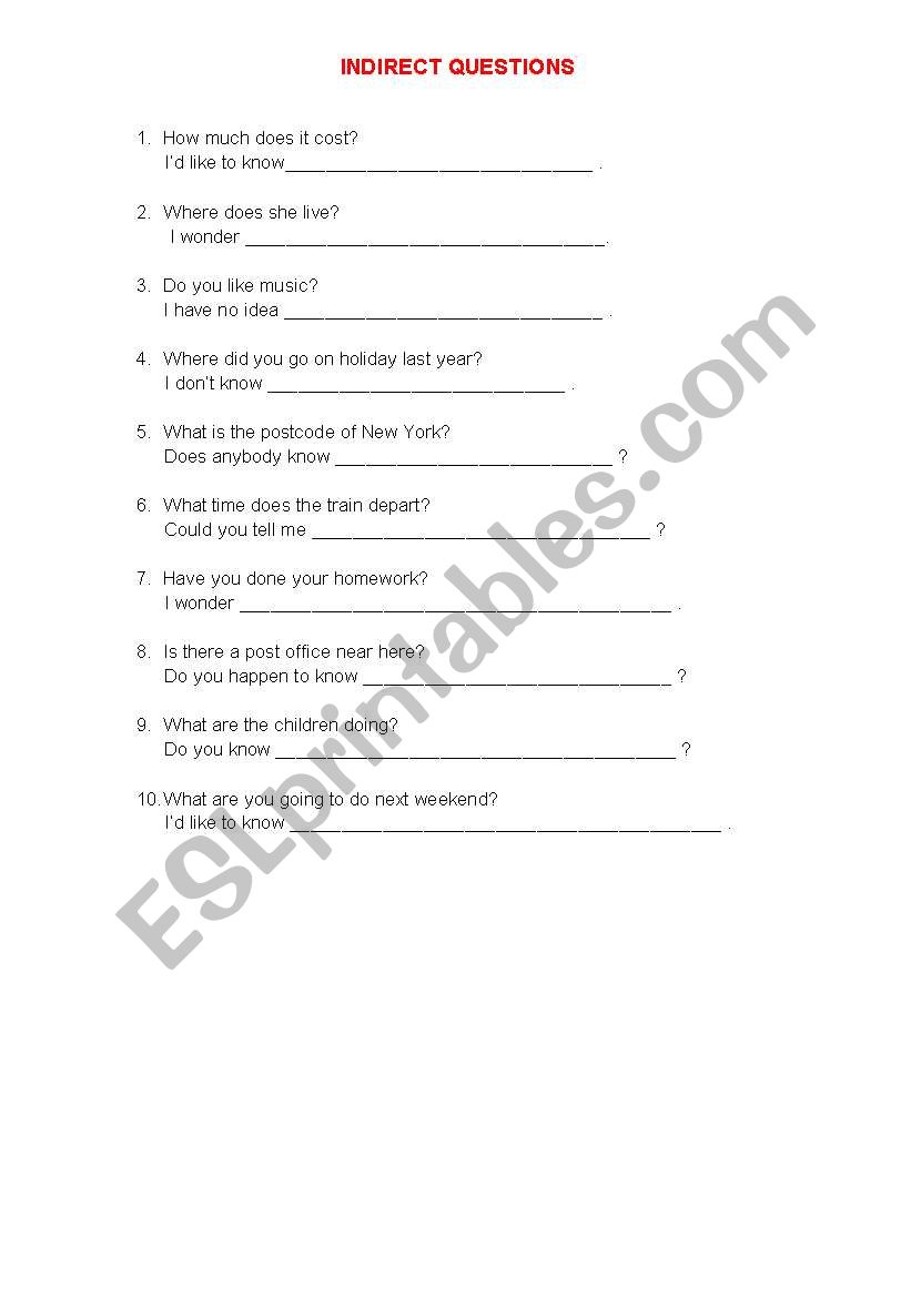 Indirect questions worksheet