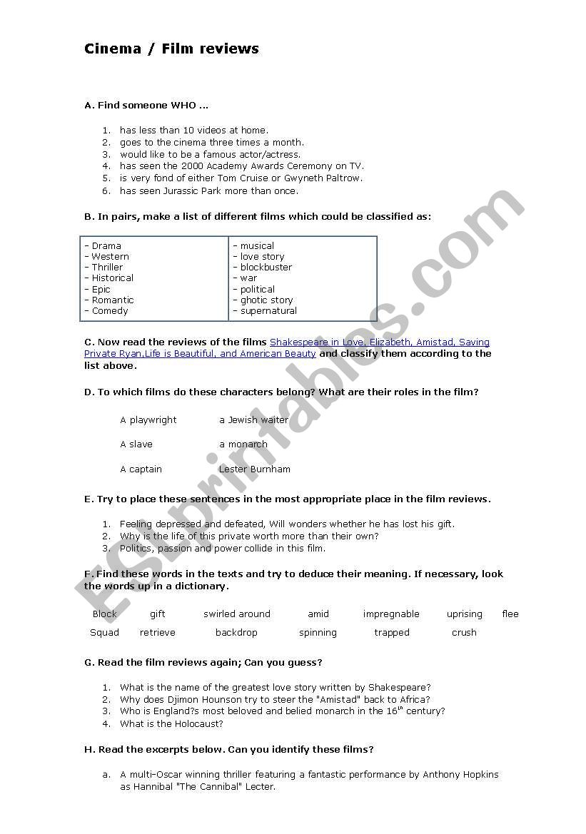 Cinema worksheet