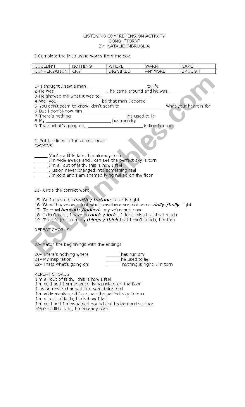 Torn By Natalie Imbruglia worksheet