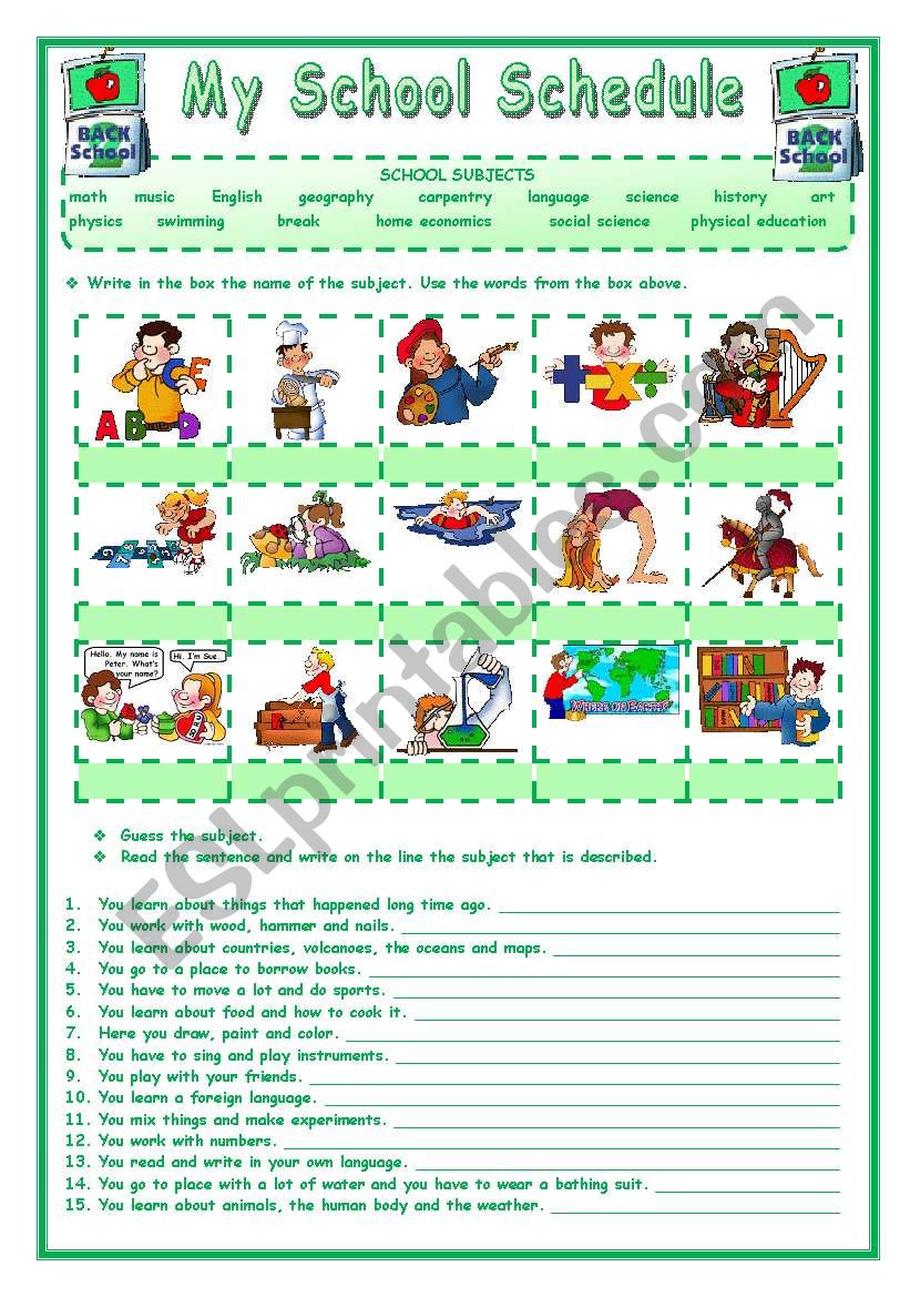 MY SCHOOL SCHEDULE - 2 pages worksheet