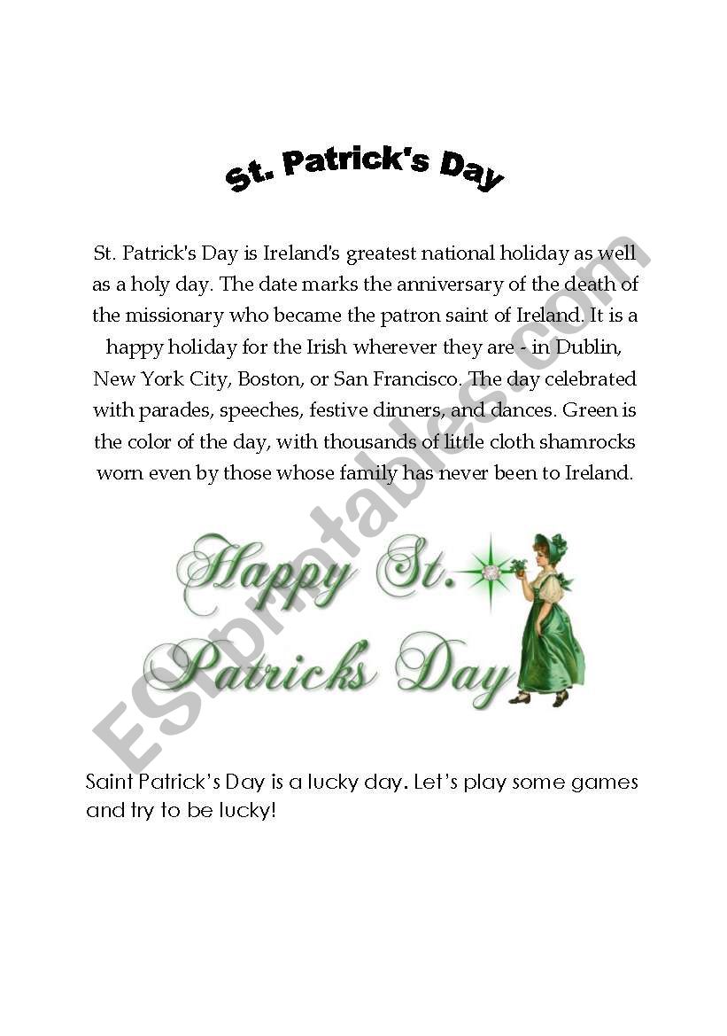 Intro to Saint Patricks Day worksheet