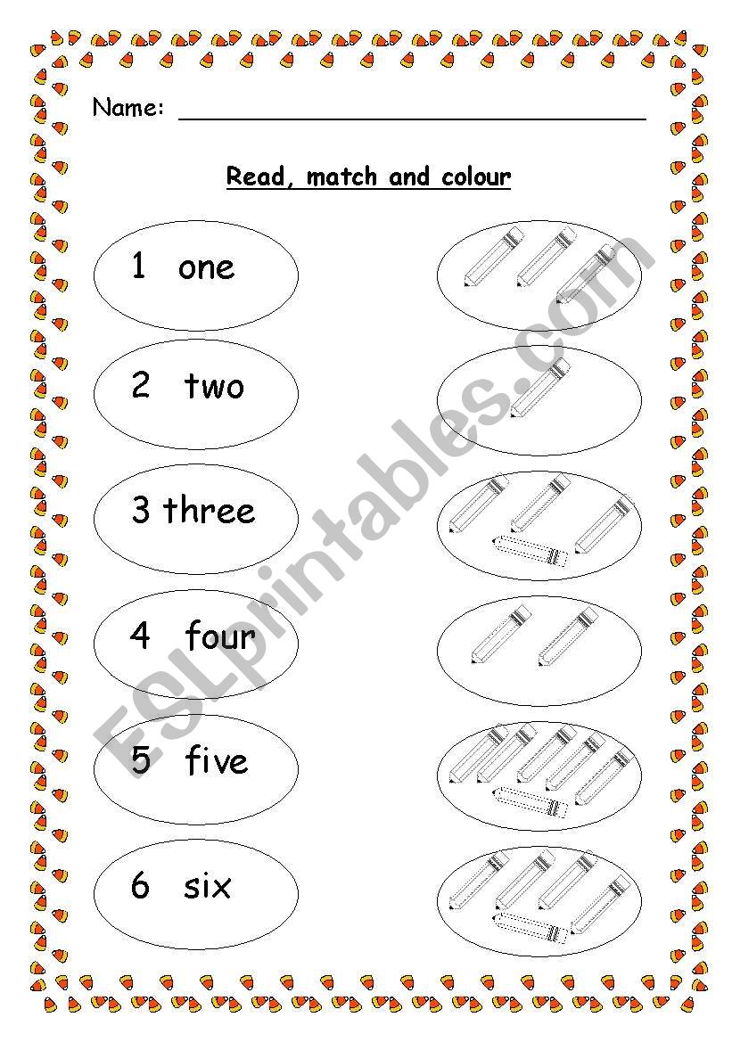 Number Names one to six worksheet
