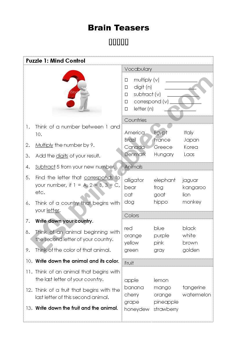 Brain Teasers worksheet