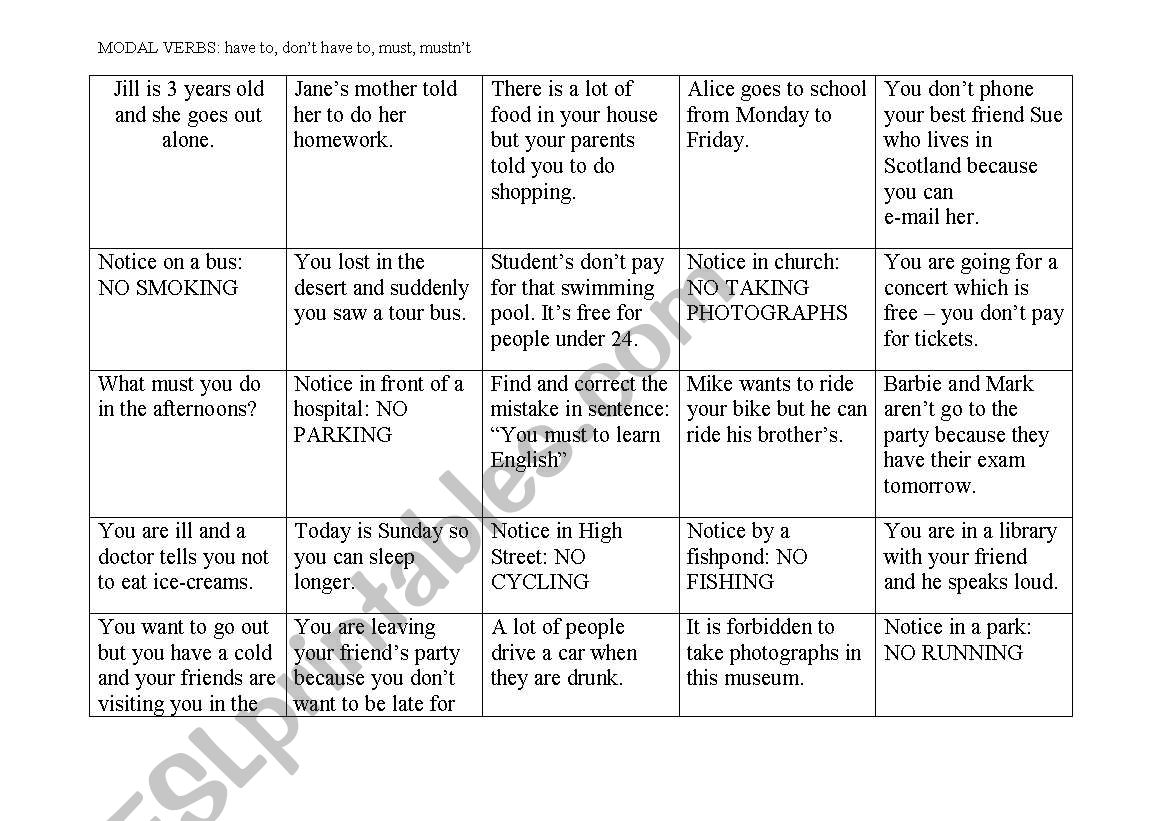 Modal verbs - board game worksheet