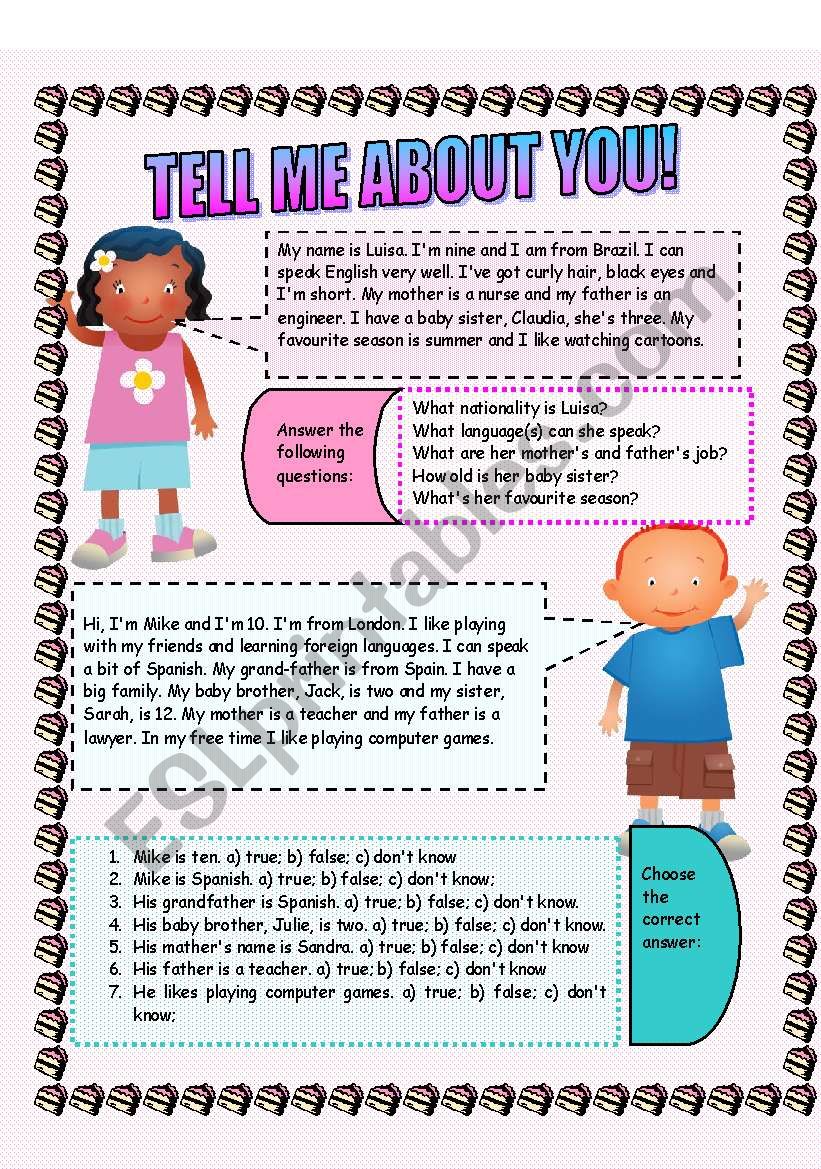 Tell me about you! Reading comprehension and guided writing exercise (2 sheets)