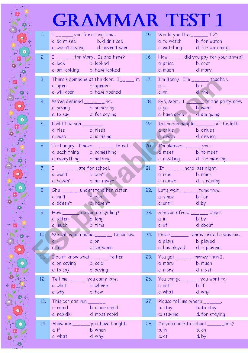 Grammar Test 1 with Key  worksheet