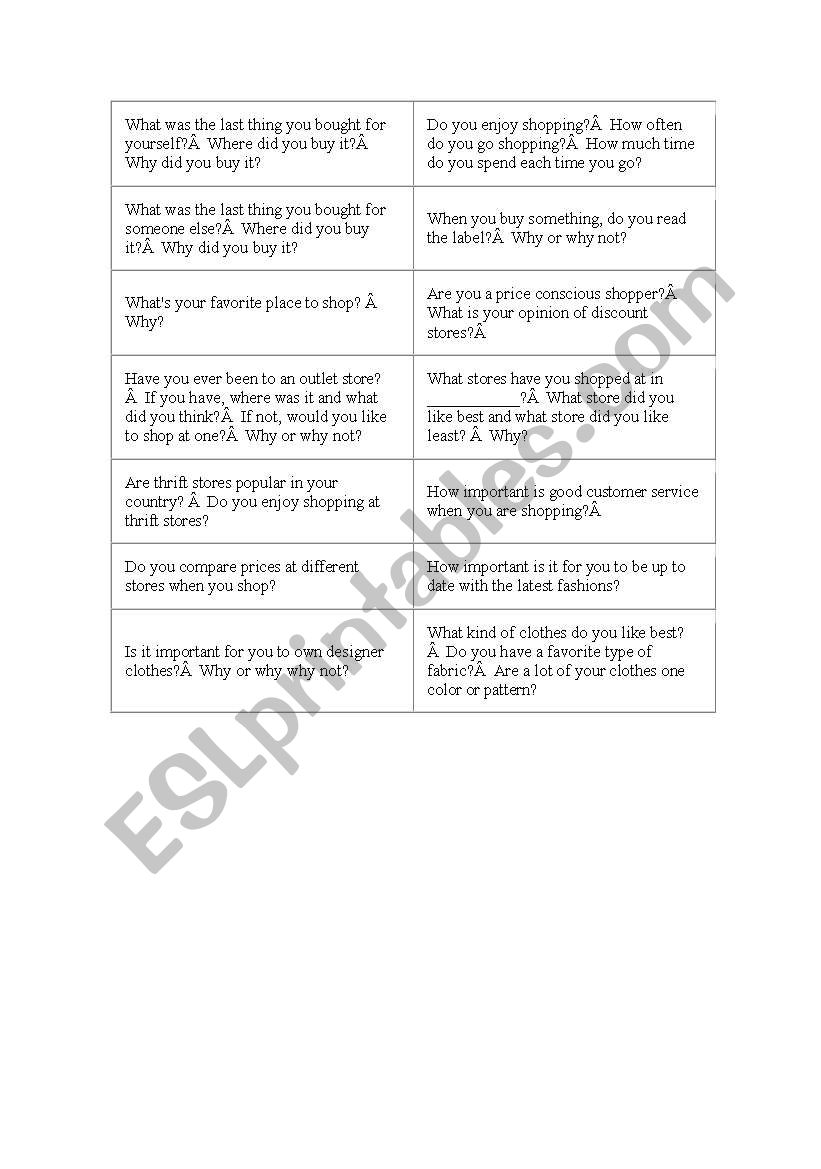 shopping coversation questions