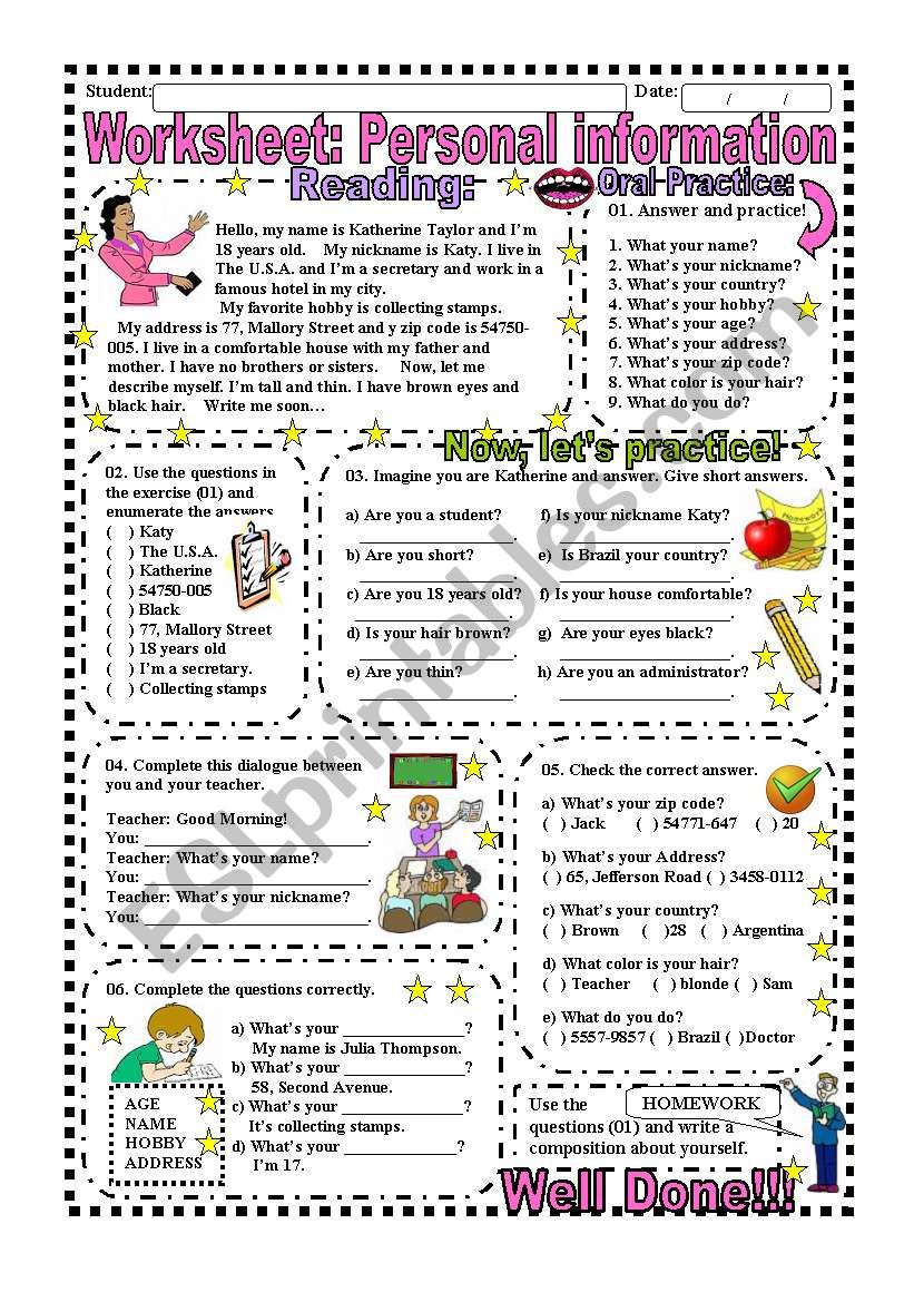 Worksheet: Personal Information (With Answer Key)