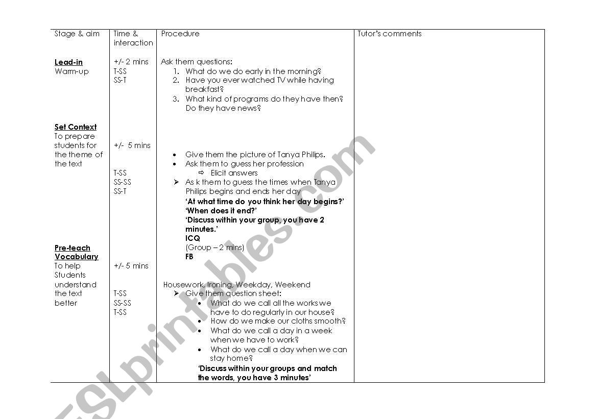 Sample Lesson Plan worksheet