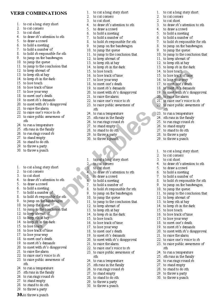 VERB combinations worksheet