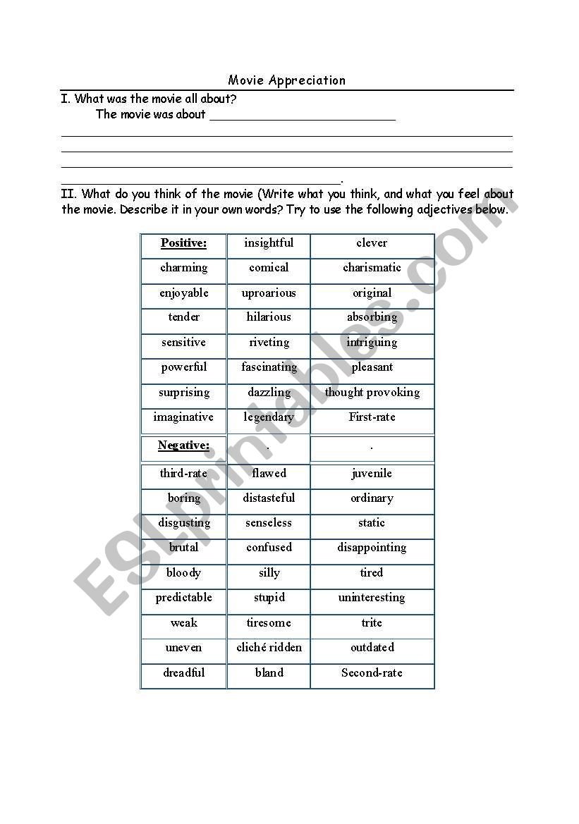 Movie Appreciation worksheet