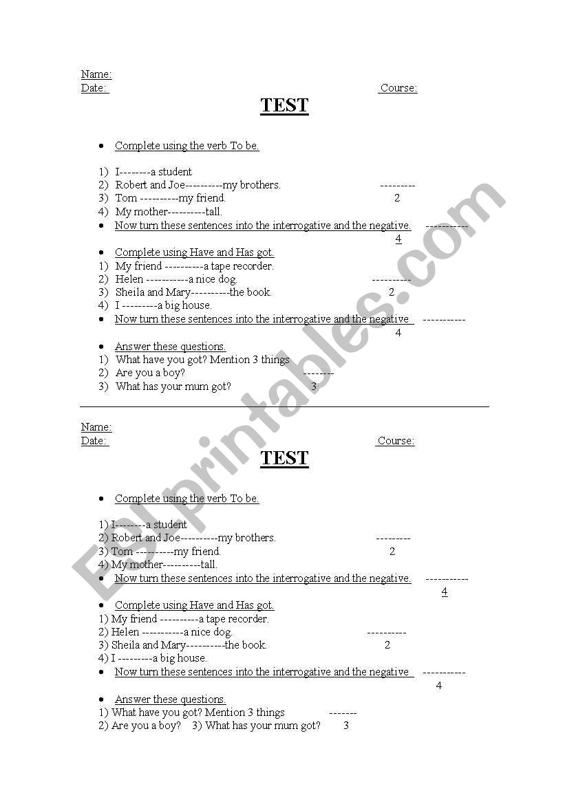 TEST VERB TO BE- HAVE HAS GOT worksheet