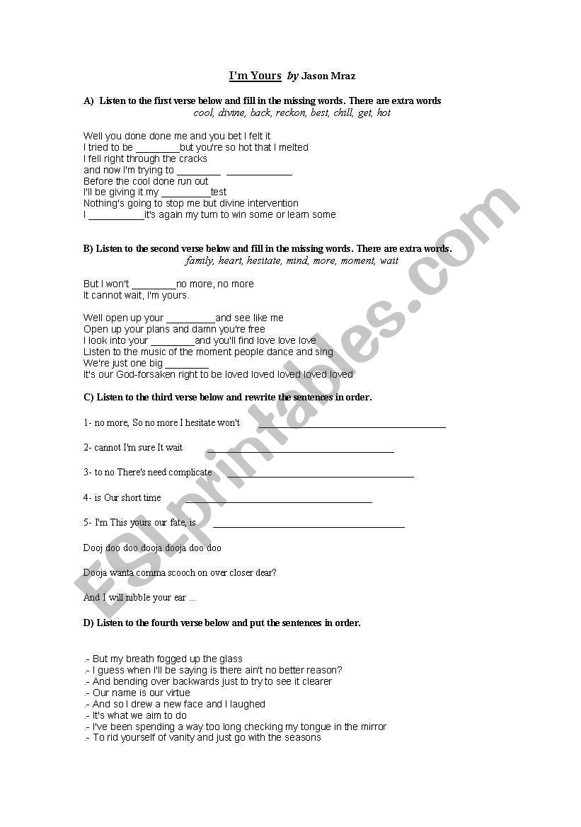 Im Yours by Jason Mraz worksheet