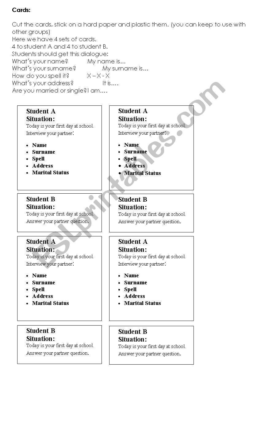 cards - elementary worksheet