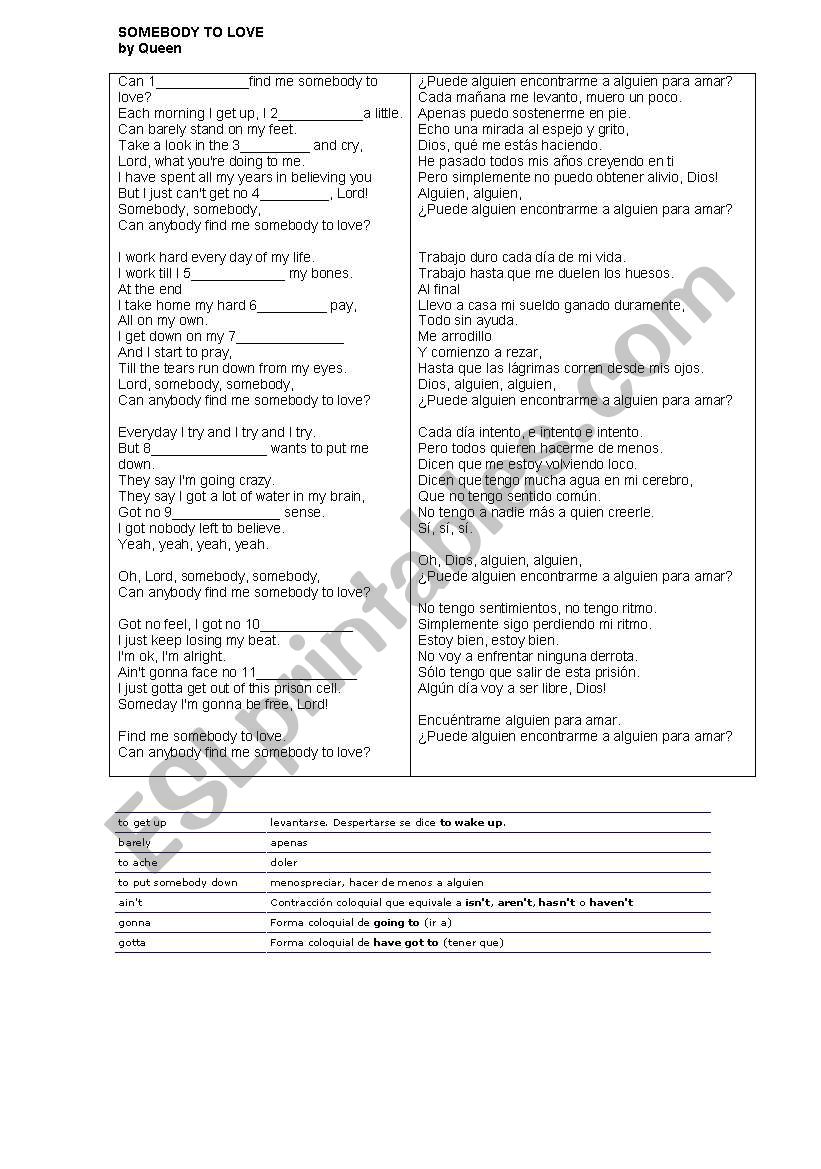 Somebody to love by Queen worksheet