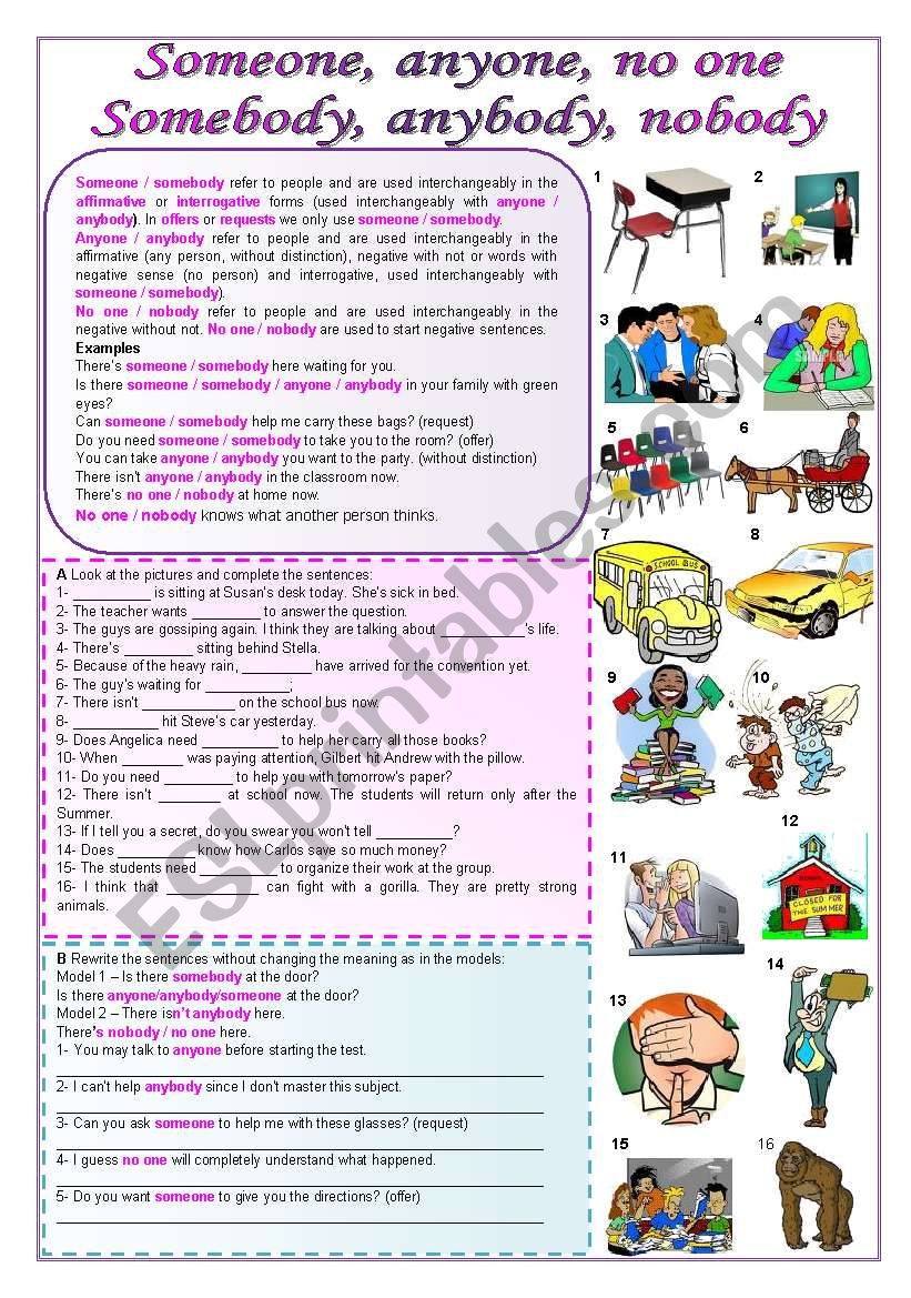 Someone Anyone No One Somebody Anybody Nobody ESL Worksheet By 