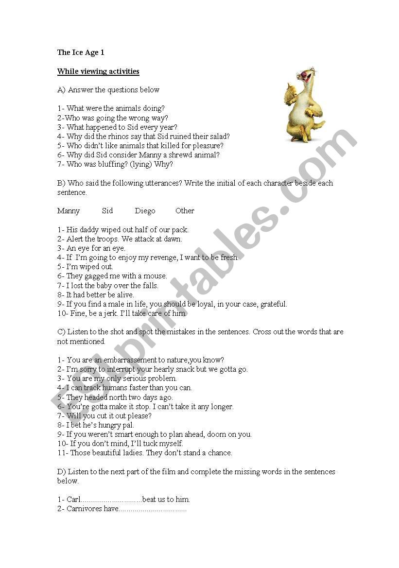 Ice Age 1 worksheet