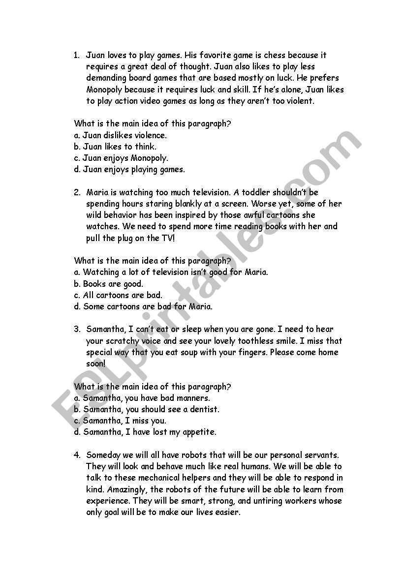 main ideas worksheet